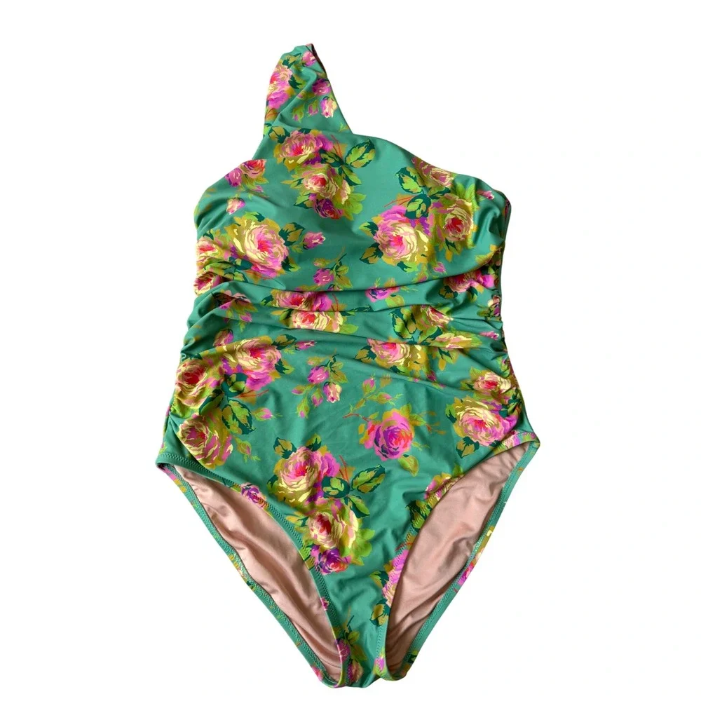 J Crew Swimsuit Ruched one shoulder one piece rose garden Green 14
